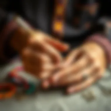 Artisan hands creating a colorful bead bracelet with precision