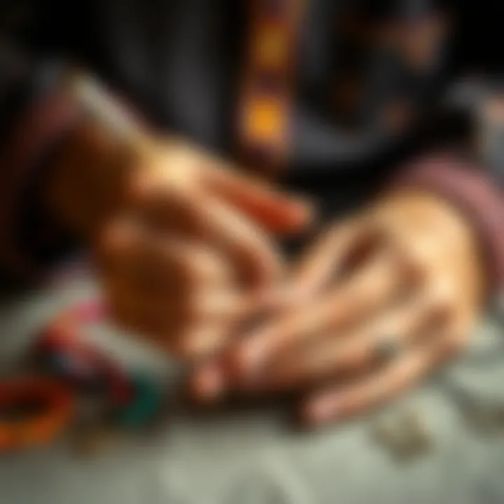 Artisan hands creating a colorful bead bracelet with precision