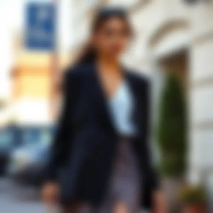 Stylish layered look combining a blazer with a flowing skirt