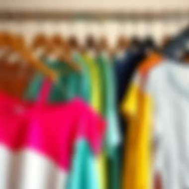 Variety of fitness clothing options displayed on hangers