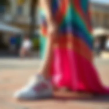 Comfortable sneakers matched with a vibrant maxi dress for leisurely outings