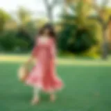 Stylish picnic outfit featuring a flowing dress and comfortable sandals