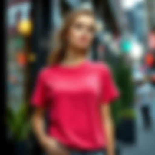 Elegant woman showcasing a stylish t-shirt in a trendy urban setting