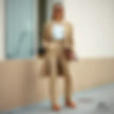 Sophisticated ensemble with beige footwear and accessories