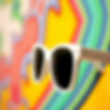 Close-up of white-framed sunglasses against a vibrant background