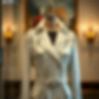 Stylish white leather trench coat on a mannequin with elegant background