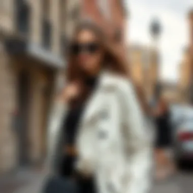 Fashionable outfit featuring a white leather trench coat in an urban setting
