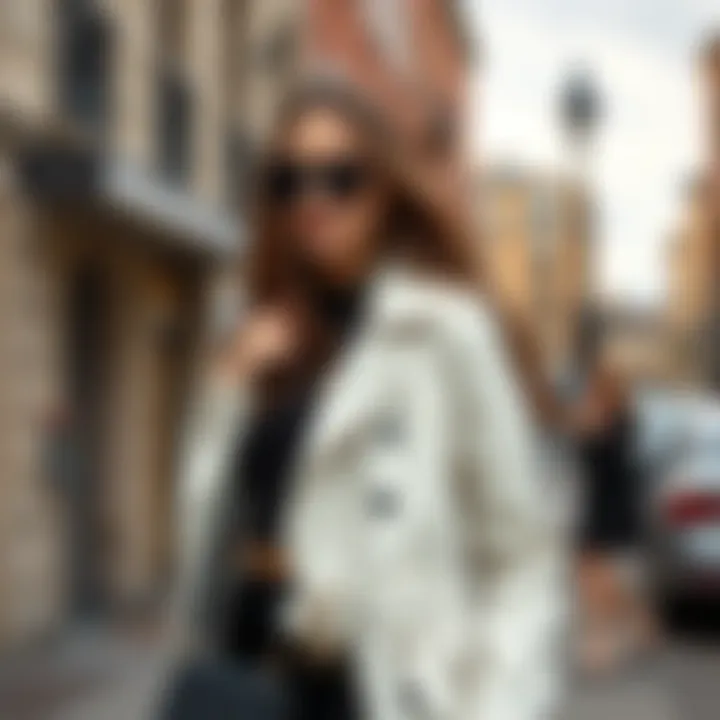 Fashionable outfit featuring a white leather trench coat in an urban setting