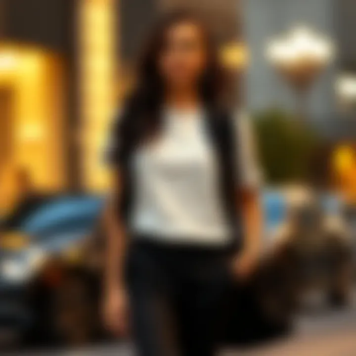 Evening attire combining a white t-shirt with sleek trousers