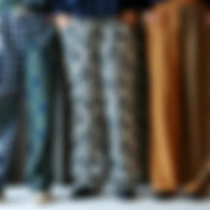 A collection of plus-size pants showcasing various fabrics and patterns