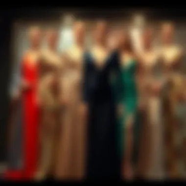 A collection of various long-sleeve evening dress styles arranged aesthetically