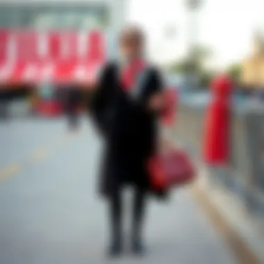 An outfit ensemble featuring a tailored coat paired with complementary accessories