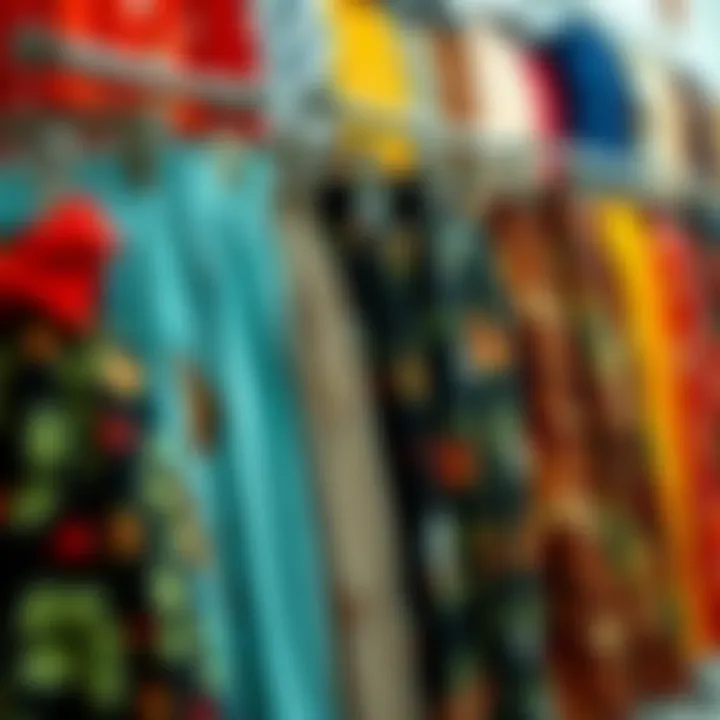 Collection of Daily Skirts An array of daily skirts in different colors and prints displayed on a rack.