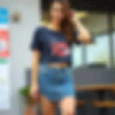 Casual pairing of a denim mini skirt with a trendy graphic tee.