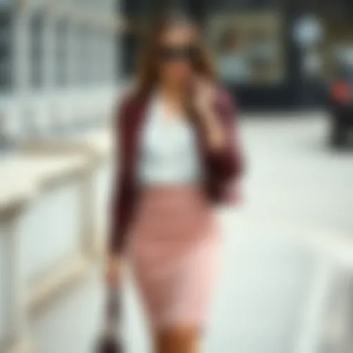 Elegant combination of a fitted mini skirt with a stylish blouse and accessories.