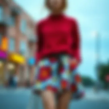 Vibrant combination of a printed mini skirt with a casual sweater.