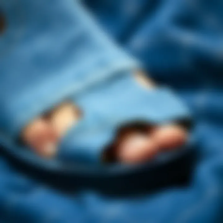 Close-up of high-quality denim material used in sandals.