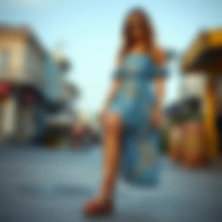 A casual outfit featuring denim sandals paired with a summer dress.