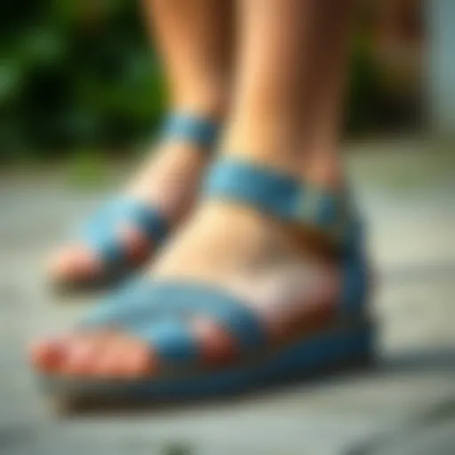 A stylish denim sandal showcasing intricate stitching and design.