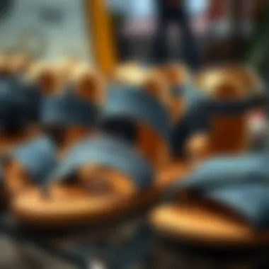 A stylish display of various denim sandal styles.
