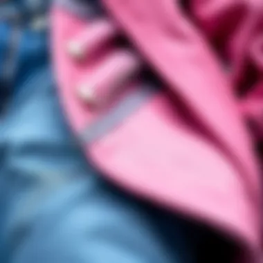 Close-up of denim texture with pink outerwear accentuating the look