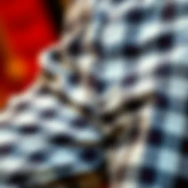 A close-up shot of the intricate fabric pattern of checkered pants