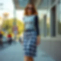 A stylish checkered skirt styled with a modern top in a chic urban setting