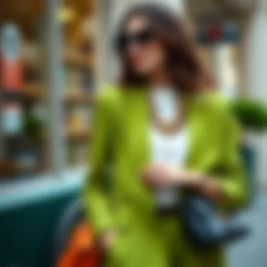 Fashion-forward styling of a green blazer with accessories