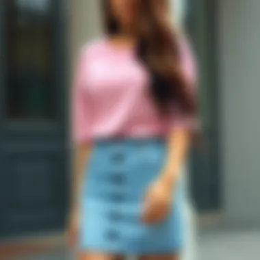 Trendy casual outfit featuring a denim skirt and chic top