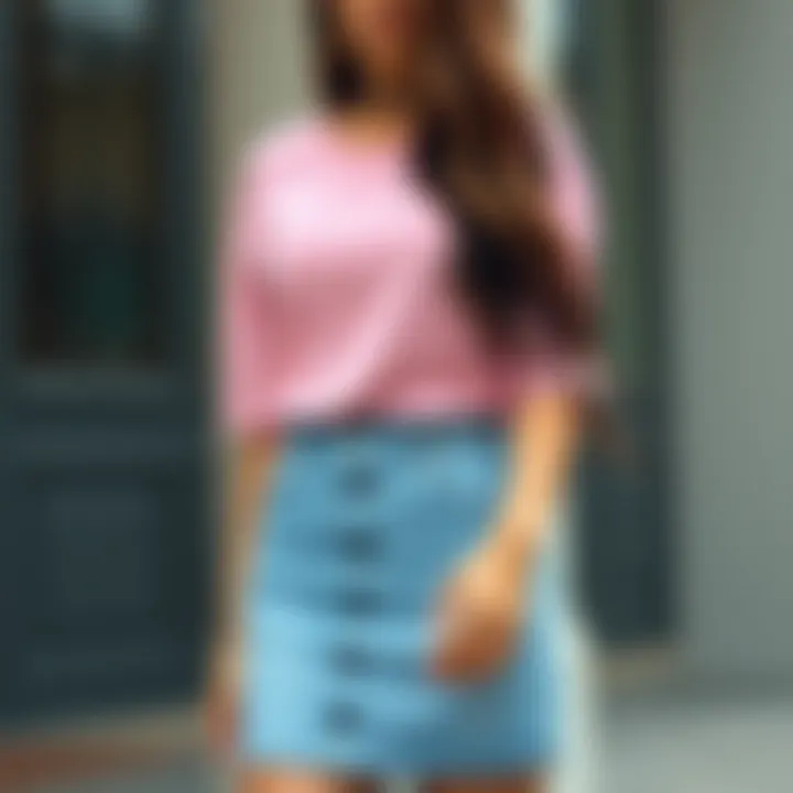 Trendy casual outfit featuring a denim skirt and chic top