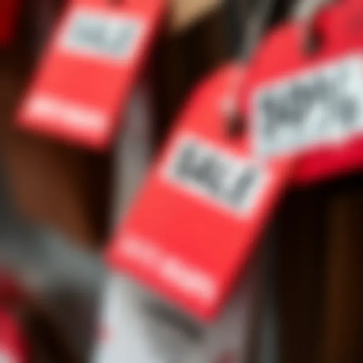 A close-up of price tags highlighting discounts on high-end fashion