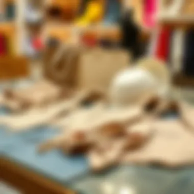 A stylish outfit laid out on a table with shopping bags in the background