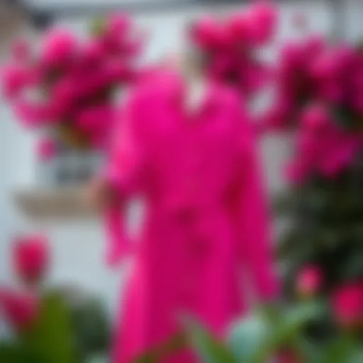 Elegant display of a fuchsia shirt dress in a vibrant setting