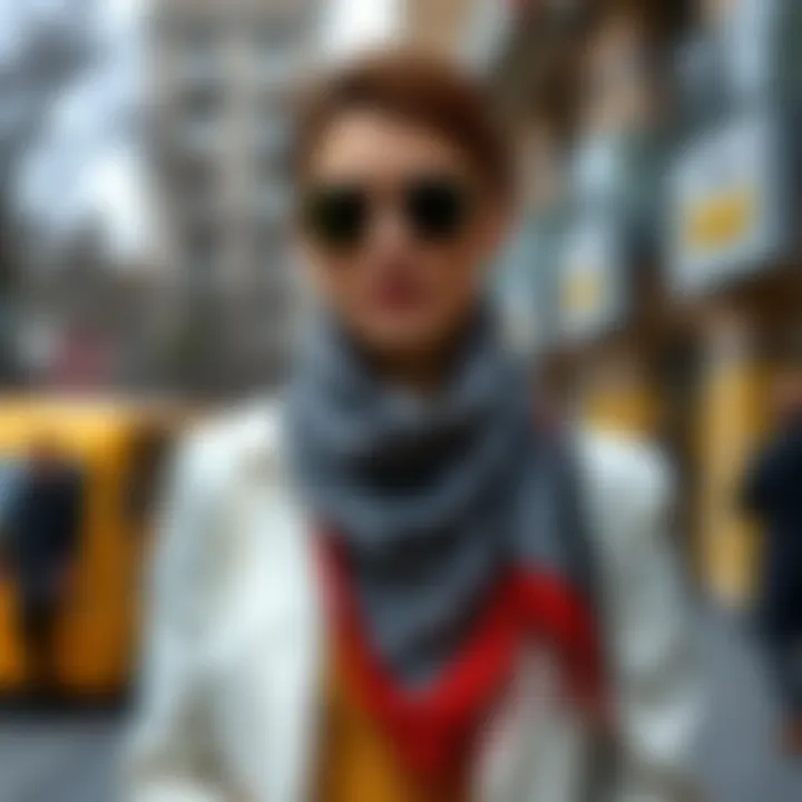 Fashionable styling with G patterned scarf in an urban setting