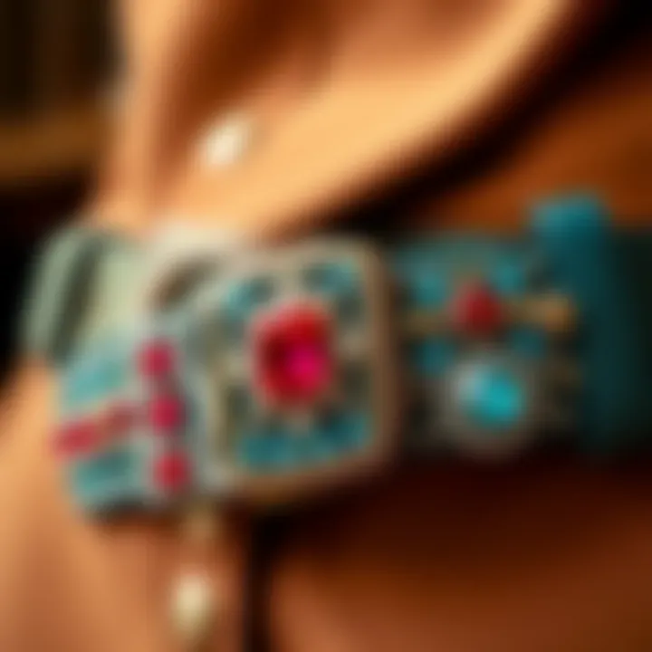 Close-up of a gemstone-studded belt highlighting color contrasts