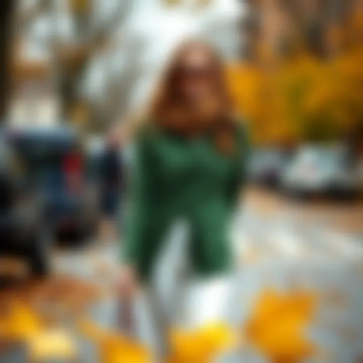 A stylish outfit featuring a green cardigan paired with autumn accessories