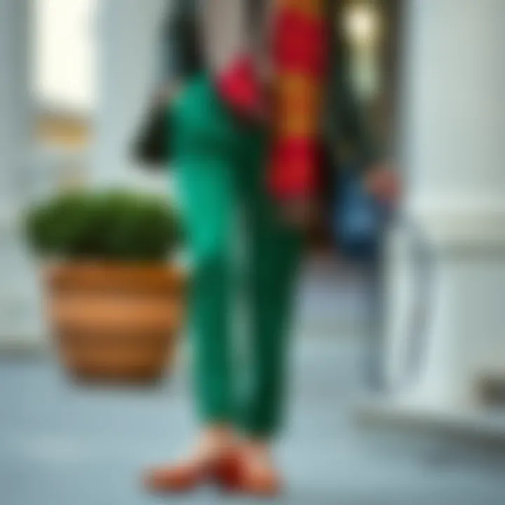 Accessorized look with green trousers, a scarf, and stylish shoes