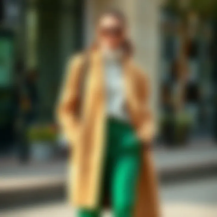 A fashionable outfit featuring green trousers and a long coat