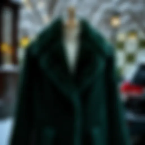 Luxurious green plush coat displayed elegantly in a winter setting