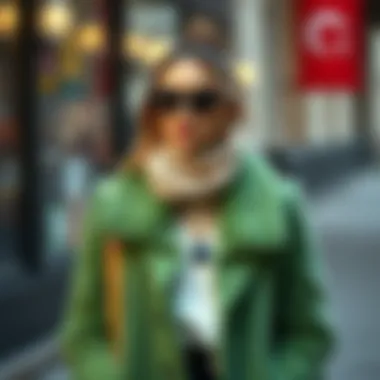 Stylish outfit featuring a green plush coat paired with fashionable accessories