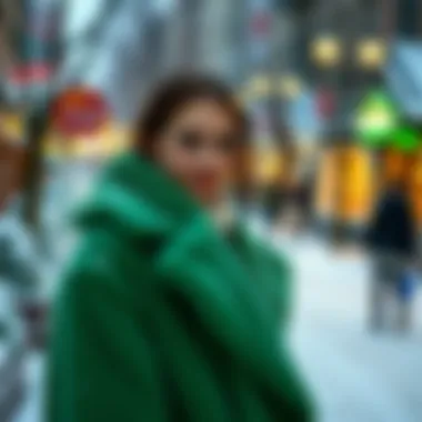 Colorful winter scene showcasing a person wearing a green plush coat