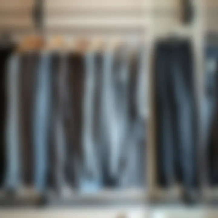 Different styles of gray trousers displayed on hangers