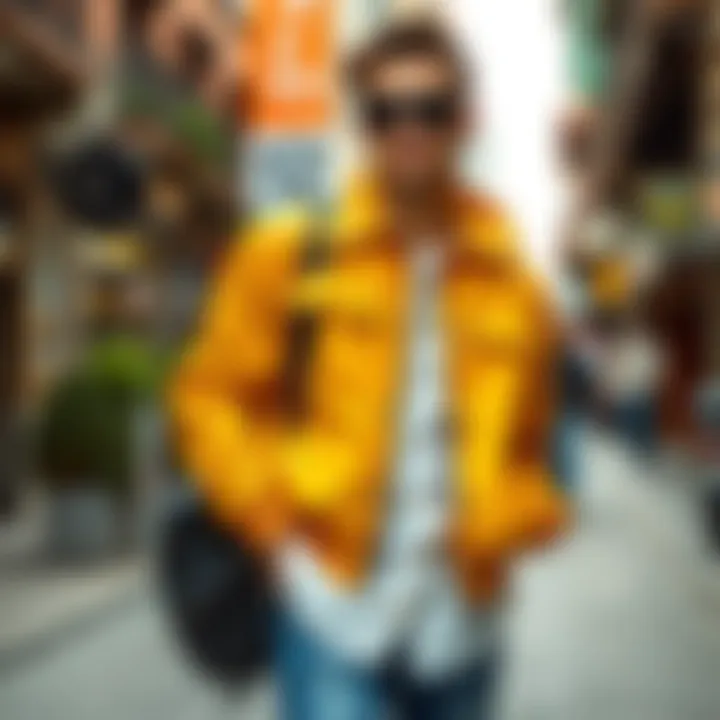 Mustard jacket showcased in a trendy urban setting