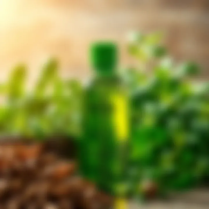 A vibrant green bottle of herbal oil surrounded by fresh herbs.