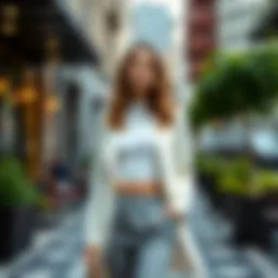 A stylish woman showcasing a modern two-piece outfit in a chic urban setting