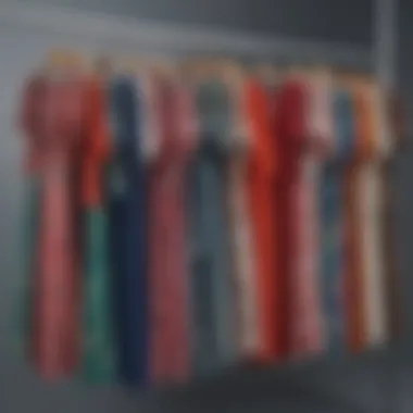 An array of jerse dresses in various colors and patterns displayed on hangers.