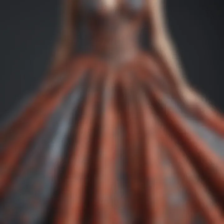 A close-up of intricate fabric patterns on a voluminous skirt.