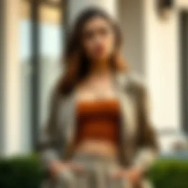 Stylish layering of a brown crop top with an oversized blazer