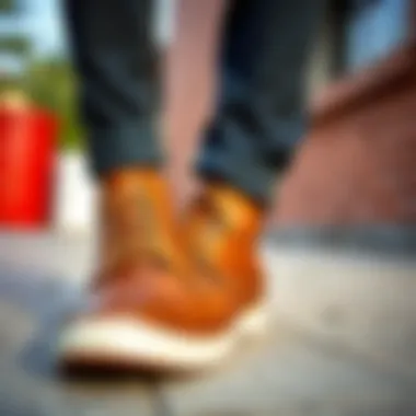 Casual brown leather shoes paired with stylish attire.