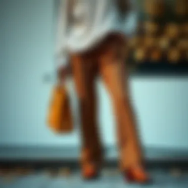 Brown knit trousers paired with accessories for a complete look.